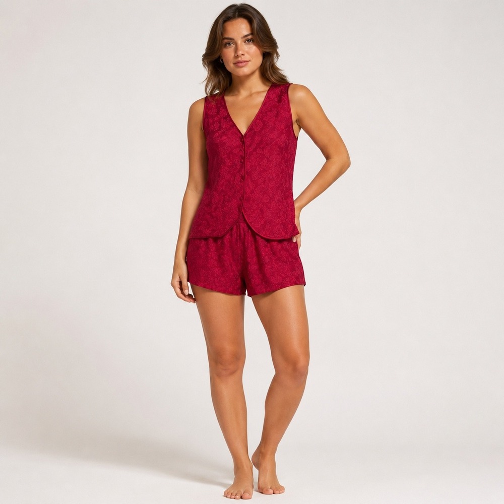 Kathryn Red Jacquard Matching Set Vest Shorts Women M Y2K Lounge